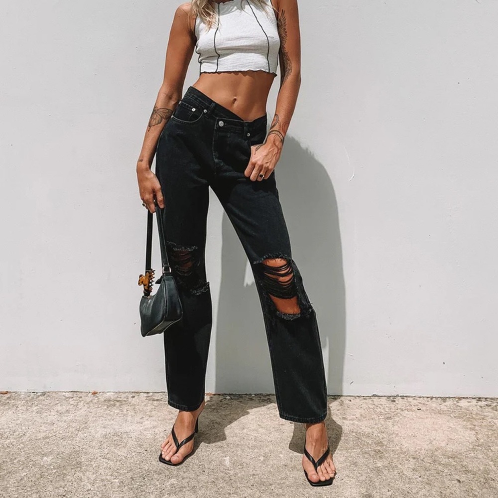 Princess Polly Holly Asymmetrical Black Jeans 0